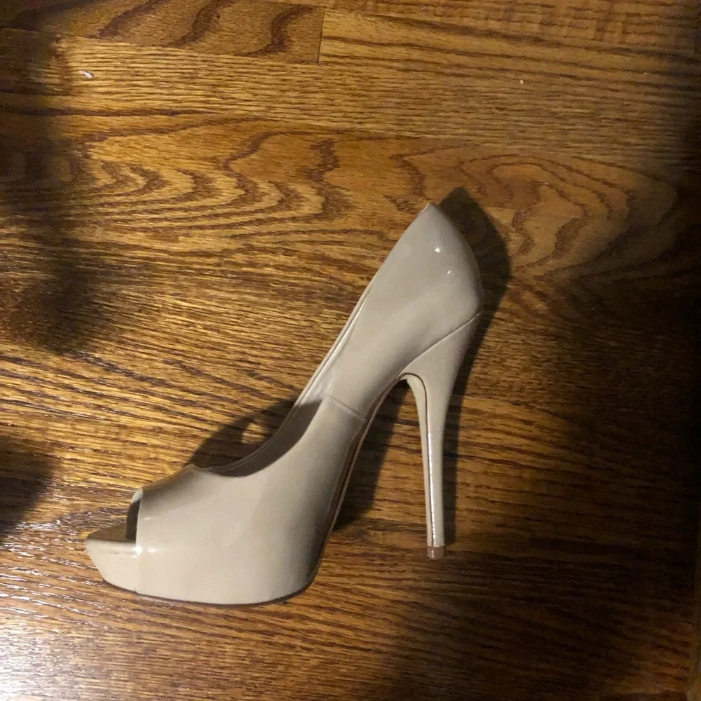 Ladies nude open toe patent stiletto heels - Picture 1 of 5